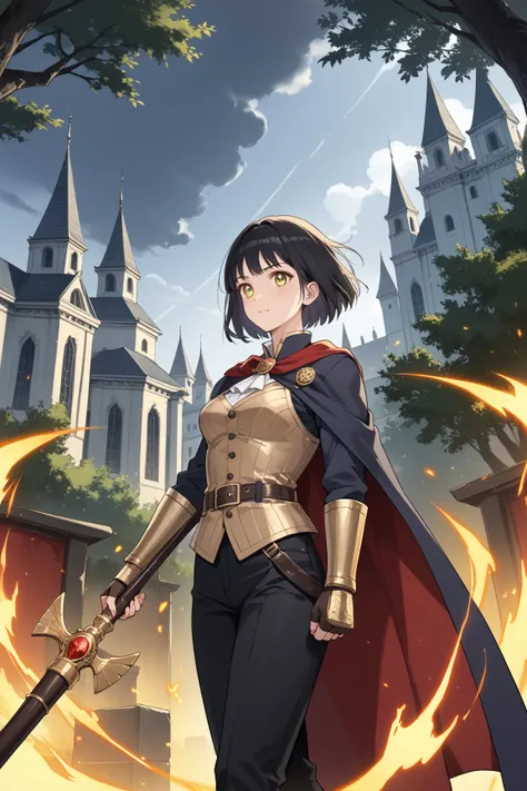 masterpiece, insanely detailed, schoolgirl, short bob, wavy hair, black hair, golden eyes, droopy eyes, big eyes, fair skin, 
A semi-realistic anime-style illustration of Ai, a young female detective, dressed in an impressive warrior-themed costume for cos...