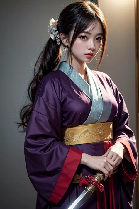 Masterpiece, best quality, (very detailed CG unity 8k wallpaper) (best quality), (best illustration), (best shadows), woman 25 years old, kimono, holding sword, traditional