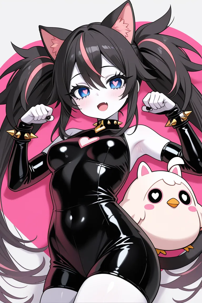 anime female white skin Black & White Droopy Cat Ears With half black half white Messy long Pigtails black Neck Sleeveless Bodysuit with a white ribcage bones on it hugginthe big Brest with blue eyes pink hearts pupils and black long eyelashes with black l...