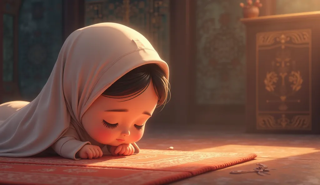 Animated image of muslim baby girl doing sajda on prayer mat 