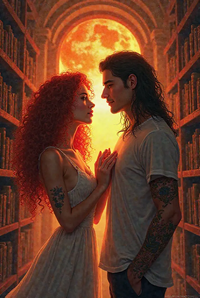 I want a book cover, my characters are Aeliana and Elio, Aeliana is a redhead, curly and long hair and has heterochromia, A little fuller, Elio has long black hair and tattoos, The cover is in a library, Aeliana and Elio try to touch each other with their ...