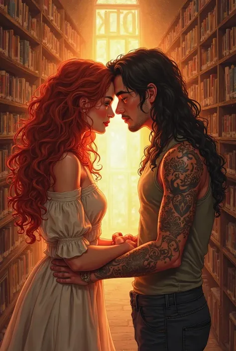 I want a book cover, my characters are Aeliana and Elio, Aeliana is a redhead, curly and long hair and has heterochromia, A little fuller, Elio has long black hair and tattoos, The cover is in a library, Aeliana and Elio try to touch each other with their ...