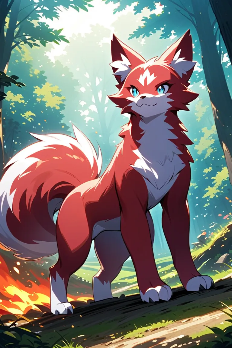 Fire-type quadruped wolf Pokémon,  red fur,  fluffy tail , defined ears, blue eyes, details in black,  pretty, aesthetic, Maximum quality, Only forest landscape 