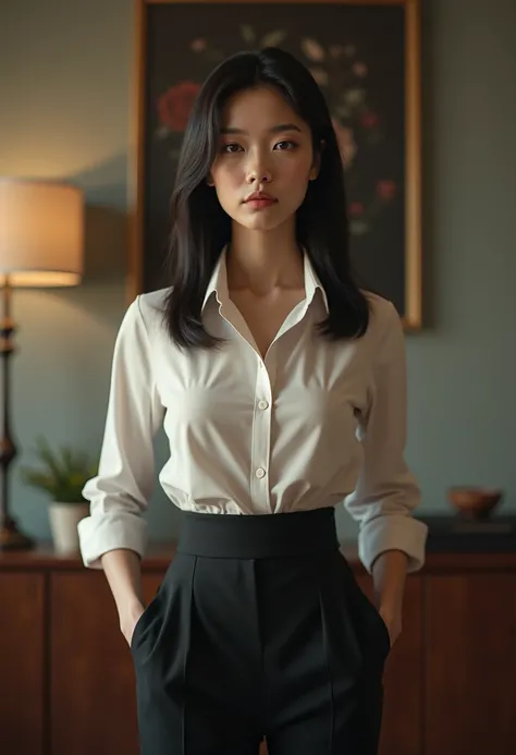 Chinesse hot mommy,straight short hair,hot office uniform,serious face , dominant expression, nice pose,indoor, living room, dry lighting, ralistic poto, high resolution