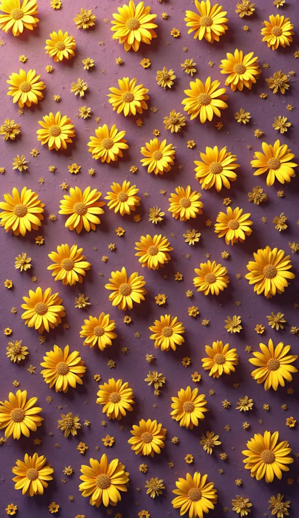 many very small 3D yellow daisy flowers pattern on purple background,super detailed art,flat lay view