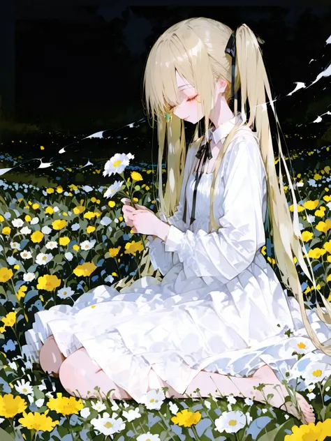 1 girl, twintails, long hair, blonde hair, black ribbon, closed eyes, light smile,
holding flower, white dress, wariza,
flower field, wind, from side,
masterpiece, best quality, very aesthetic, absurdres, ultra detailed, UHD, 8K, highly detailed, newest,
