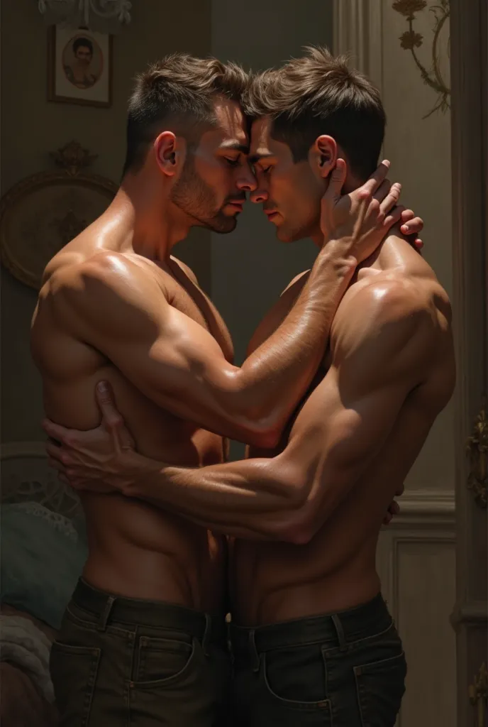 Two men kissing while holding their dicks