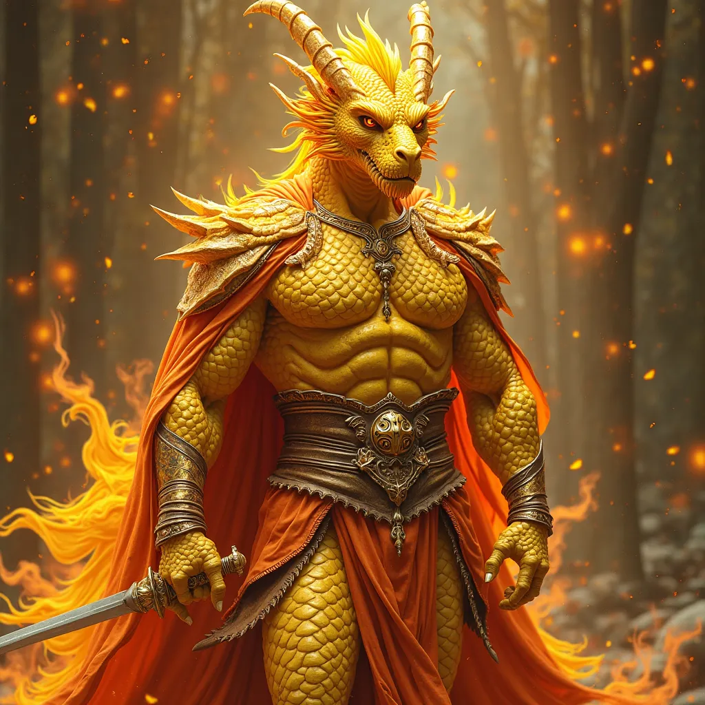 Hyper realistic photo image. Beautiful Male Celestial flaming yellow kimono dragon God. Full coverage of bright flaming yellow colored iridescent metallic scale dragon-human hybrid male with v-shaped torso very extreme muscular large body builder with narr...