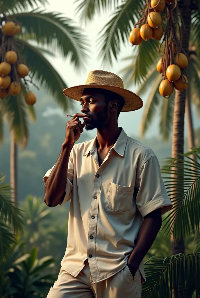 A black man in a straw hat with no details, wearing a white shirt and pants, In the background of the image there are several coconut trees and coconuts,  HE'S SMOKING A CIGARETTE 