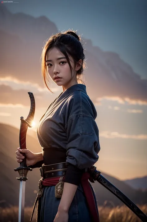 Masterpiece, best quality, (very detailed CG unity 8k wallpaper) (best quality), (best illustration), (best shadows), woman 25 years old, female samurai, holding sword, traditional