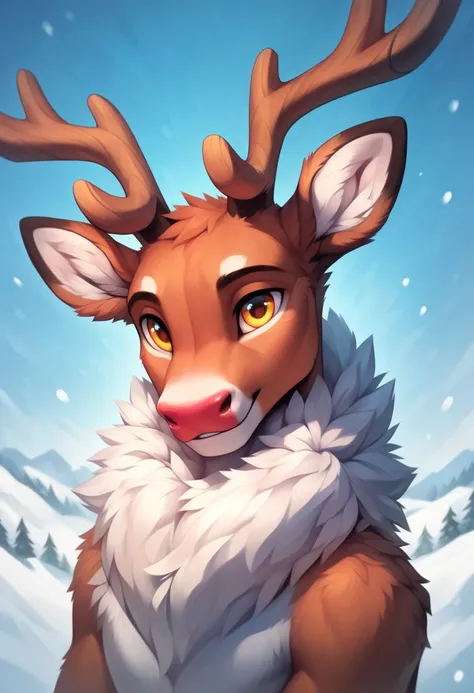 Reindeer, furry, male, calm content face, completely white fur, illustration, masterpiece, ultra-detailed, Impressionistic:colorful, cyan eyes, anime and cartoony artstyle, male anatomy, reindeer face features, tundra background, snowy sky, detailed backgr...