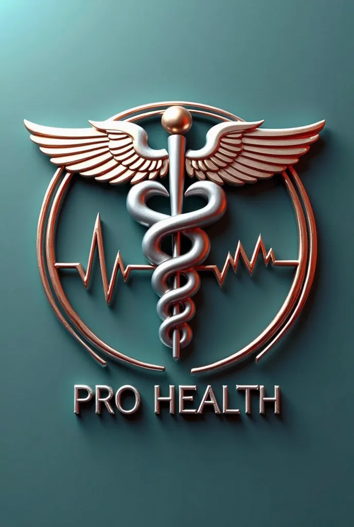 "Create a 3D metallic logo, for a medical company. The design must include an elegant caduceus symbol with wings, a cane and a snake curled in the center. On the sides of the symbol, incorporate a modern and professional heartbeat line (waveform) to give i...