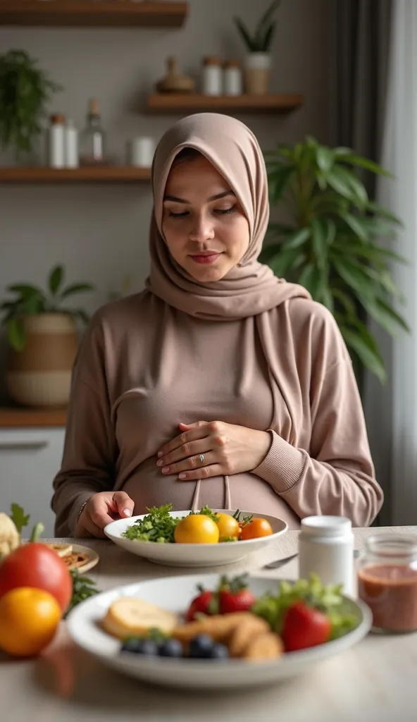 A pregnant Muslim woman wearing a modest hijab, sitting at a table with a variety of healthy food in front of her. She is eating a nutritious meal to fulfill her extra dietary needs during pregnancy. A container of supplements or vitamins is also placed on...