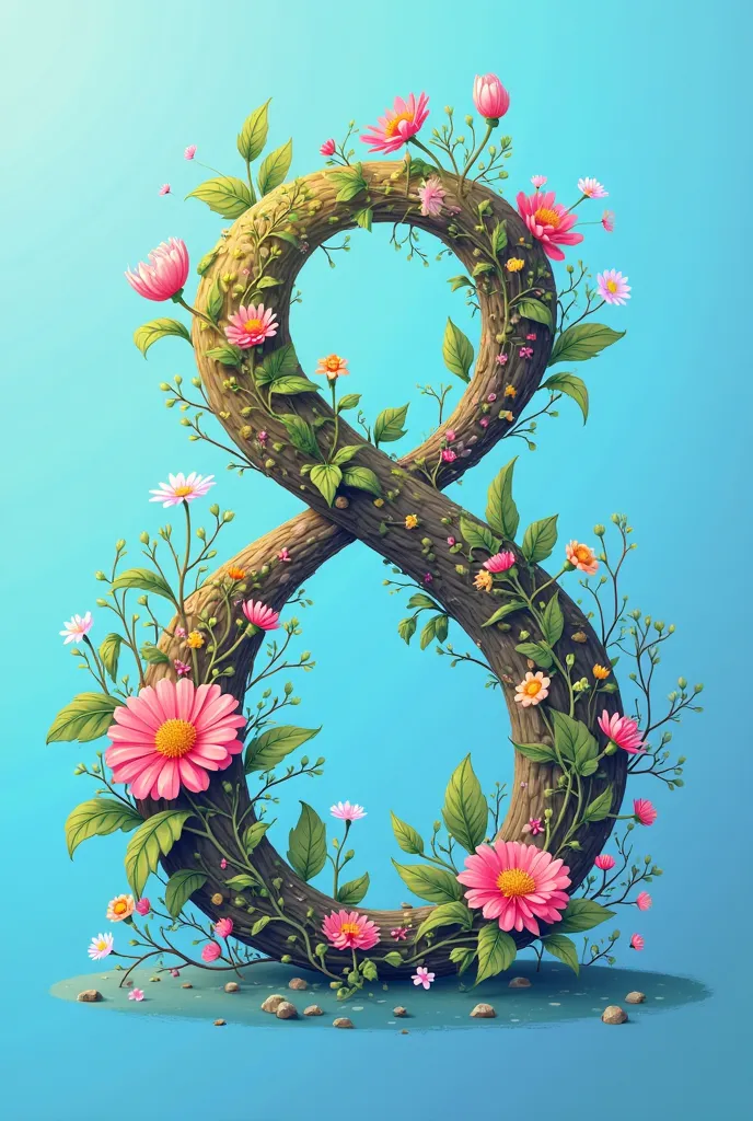 Create a creative drawing of the number 8 in large font with a blue background and flowers!