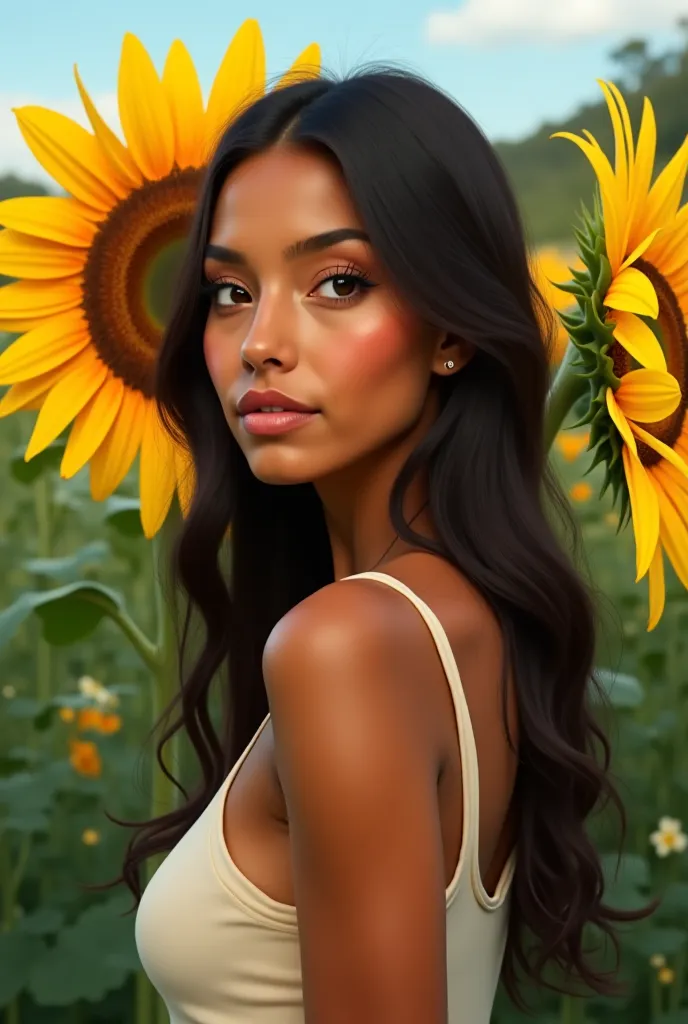 A woman with brown skin next to a sunflower flower 