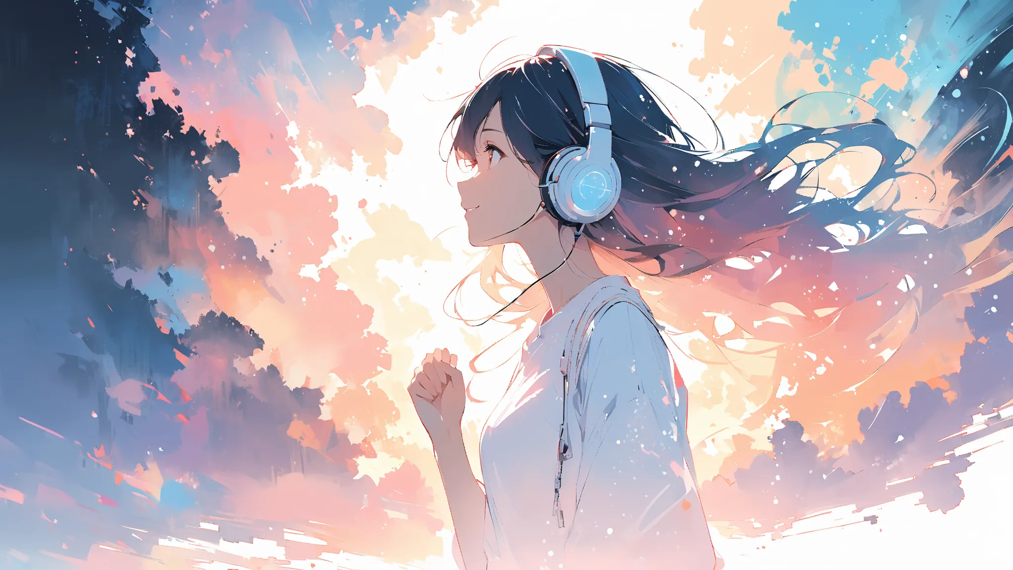 A profile-faced Japanese woman looking up at the sky, ( white silhouette :1.3), (long hair:1.3), ( headphones :1.3),  Smile, landscape, hands clasped in awe , Inside the silhouette you can see the double exposure with a deep space, masterpiece, ((double ex...