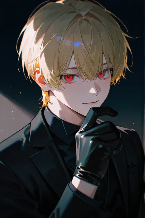 Handsome young man with black gloves, Blonde,  red eyes, charming, Male in his 20s, adult, alone, 걸작, top quality, detailed eyes, cool, upstage,   bangs, decadent,   dark  ,  suit, Solo, 