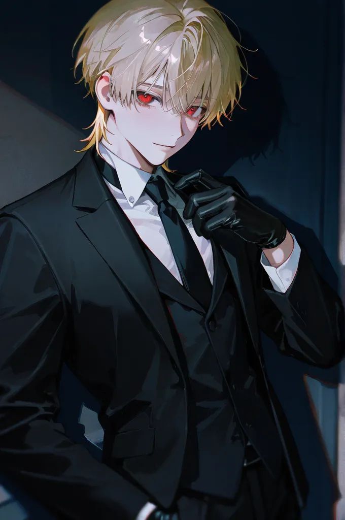 Handsome young man with black gloves, Blonde,  red eyes, charming, Male in his 20s, adult, alone, 걸작, top quality, detailed eyes, cool, upstage,   bangs, decadent,   dark  ,  suit, Solo, 