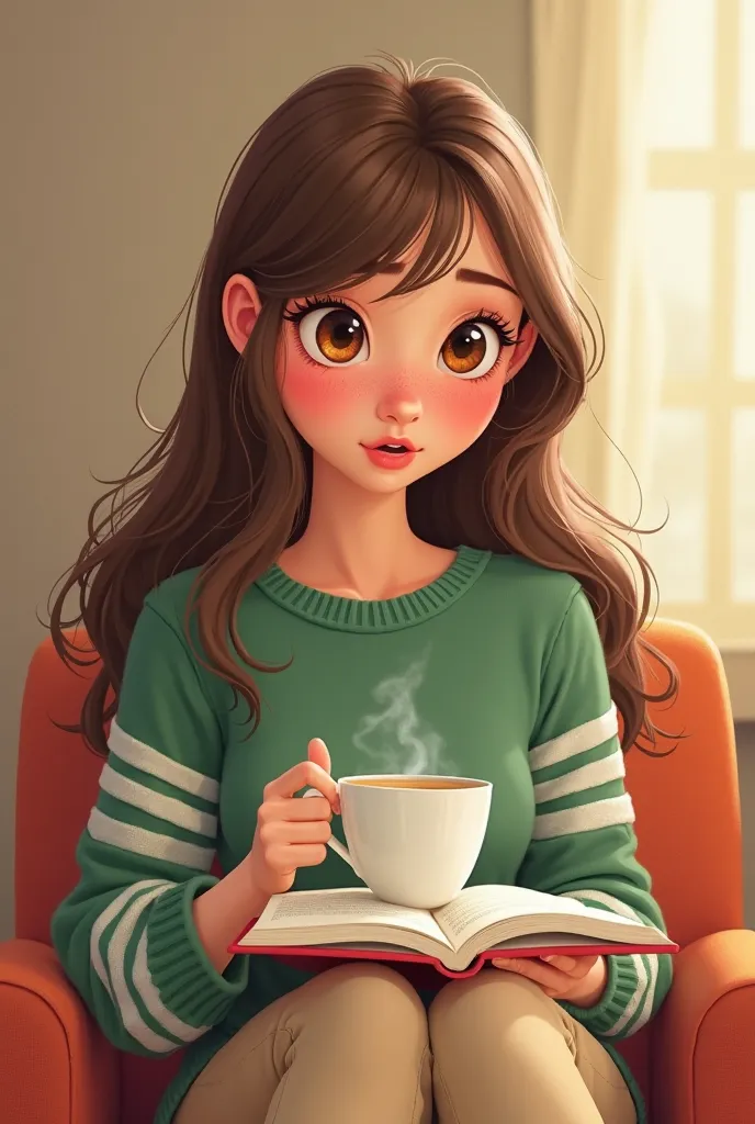 "Pixar Illustration of a young woman with a delicate face, soft skin and pink cheeks. Her big hazel eyes reflect sweetness and energy. Her long brown hair with a light bangs that frame her face. Wear a green sweater with white stripes and beige pants. Sitt...