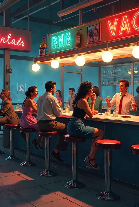 An image taking as a reference the painting Nighthawks, but inside people are in a more festive atmosphere and the design of the bar is more popular 