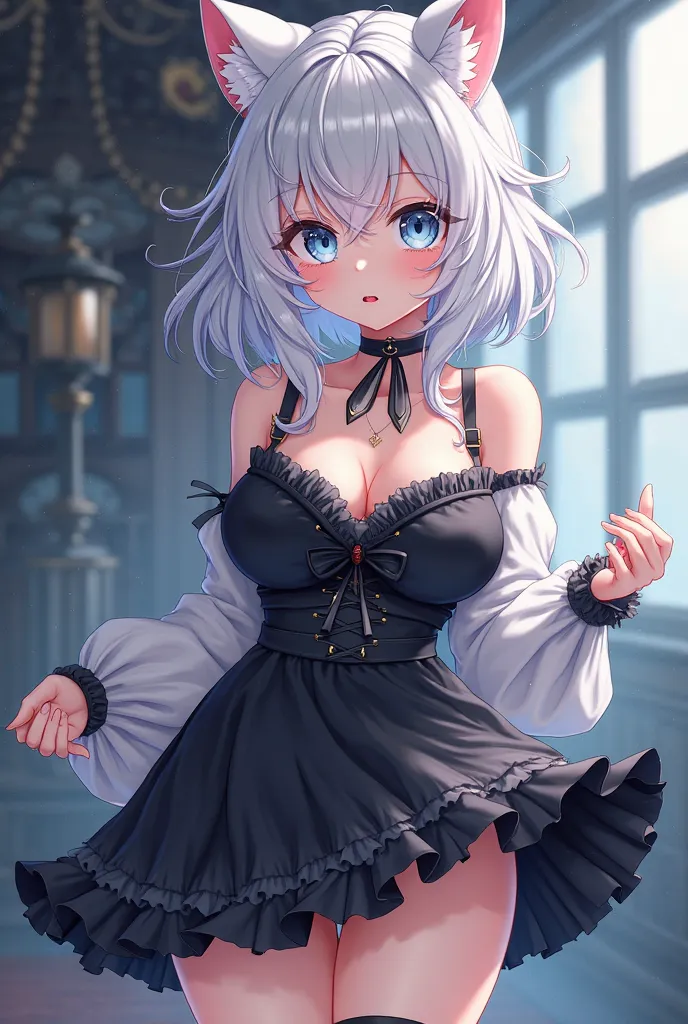 
Anime woman, short black Lolita dress, short rowdy white hair, blue eyes, cat ears, big breasts,  tender look