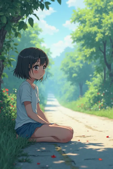 A anime girl sitting on road side look left side 
