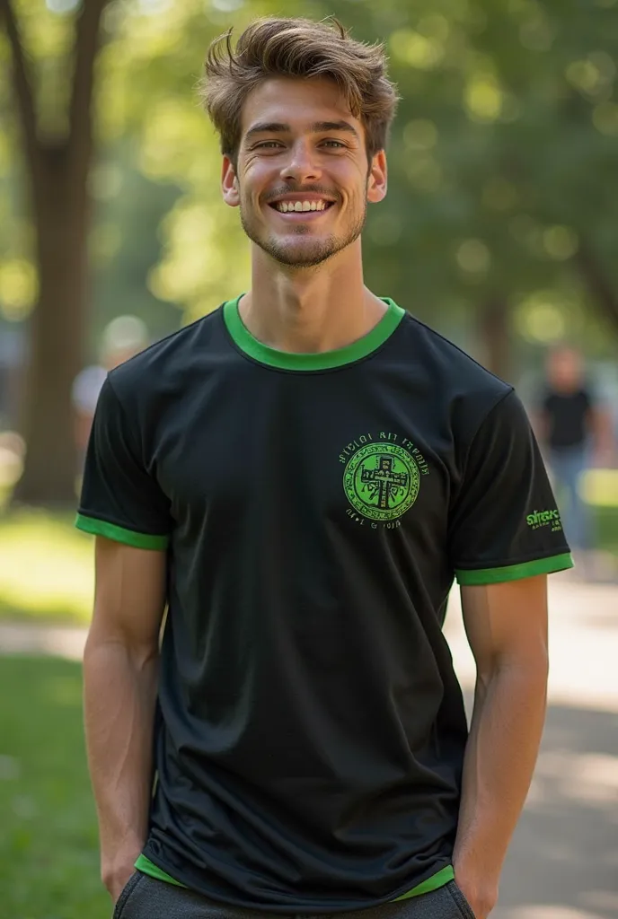 Shirt for a college physical education class, must have the symbol of physical education on the shirt, The shirt in the color black with green details