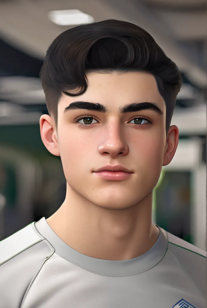 Portrait of a handsome 17-year-old male ager with short black hair and white skin and eyes, Hazel has a Greek-type nose and a little big and an oval face with an athletic physique in the gym is originally from Mexico. 