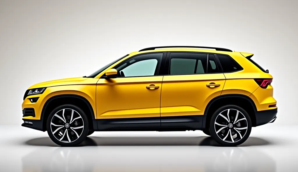 Create a left side view of the 2025 Skoda Kodiaqin yellow color, with 45 angle The setting is a perfect indoor studio with soft lighting to highlight the sleek lines of the car. The background is bright shiny should be the elegance of the car without distr...