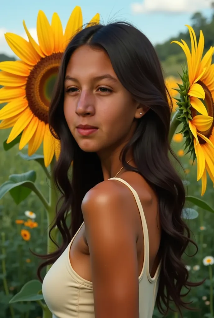 A woman with brown skin next to a sunflower flower 