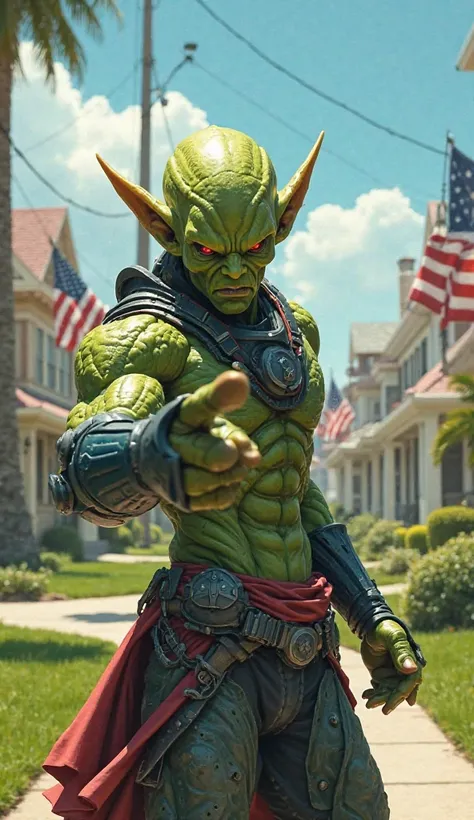 "A highly detailed and cinematic digital painting of a muscular green-skinned alien warrior with sharp ears, glowing eyes, and an intense expression, pointing directly at the viewer. The character has a humanoid physique with defined muscles and wears a fu...