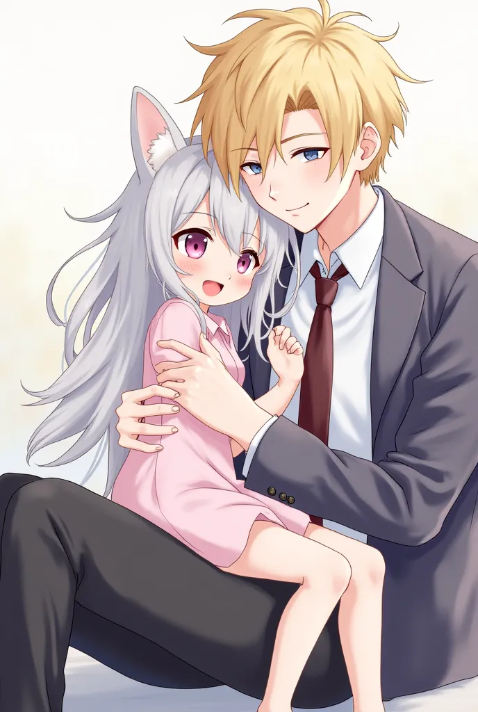 Anime girl with cat ears and soft pink eyes,gray hair sits on the knees of a guy wearing pants, a shirt, a jacket and a tie,with gray eyes and blond hair, a playfully smiling person 