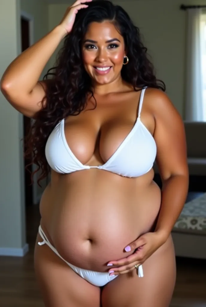 A thick curvy latina girl wearing revealing white lingerie. Cleavage is seen. She has a fat lower belly. She is standing in a sexy pose and looks very happy. She has thick thighs and large breasts and very wide hips. She is looking at the viewer. It is a p...