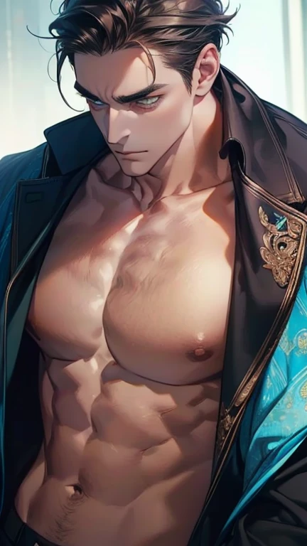 (  best quality,4K,8k,   highres,  masterpiece :1.2),  breasts  ,(Realistic,photoRealistic,photo-Realistic:1.37),36-year-old man,3 day beard,Beautiful anime,Portraits,strong,masculine,     with dark hair  ,sharp jaw,      mesmerizing green eyes   ,    perf...