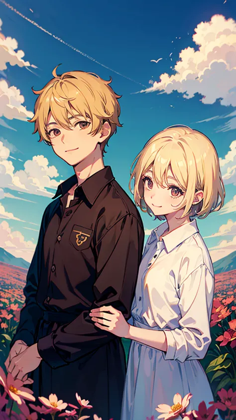 anime, blue sky、 everyday wear、Beautiful young brothers who look like women with short blond hair、dark brown skin、smile、dark brown big eyes、floral dress shirt、Don&#39;t show your breasts、 Floral Long Skirt、park full of flowers、butterfly々、Front bust, best q...