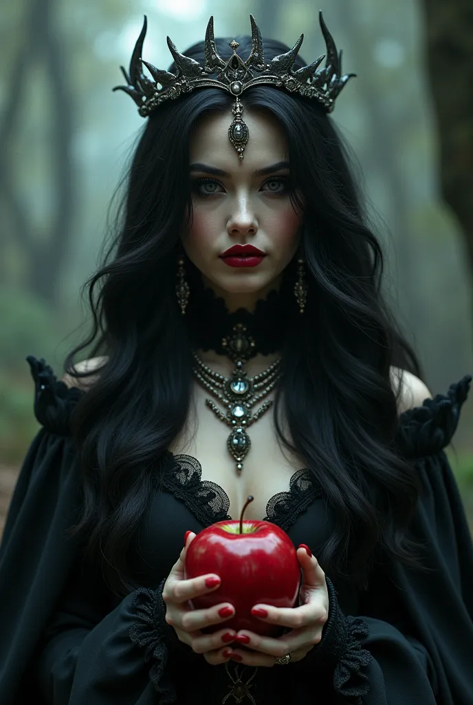 girl,long black hair，，accessories，， poisoned apples， witch queen，Red lipstick