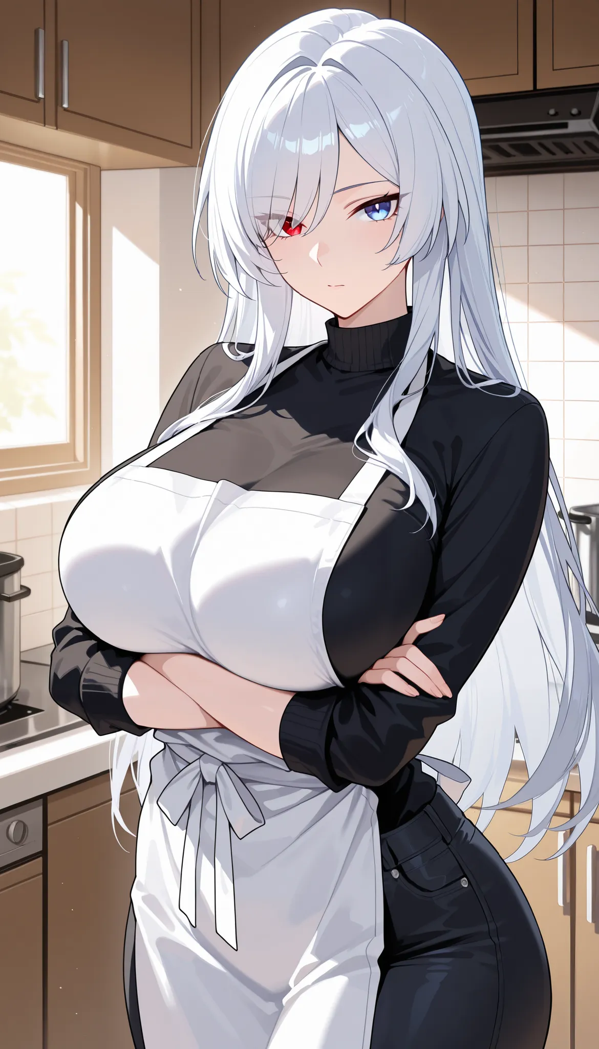 best quality, masterpiece, absurdres, 1girl, solo, long_hair, red_eye, blue_eye, heterochromia, hair_over_one_eye, white_hair, bangs, long_sleeves, large_breasts, tall, sleeves_rolled_up, mature_female, long_hair, black_pants, black_shirt, apron, swept_ban...