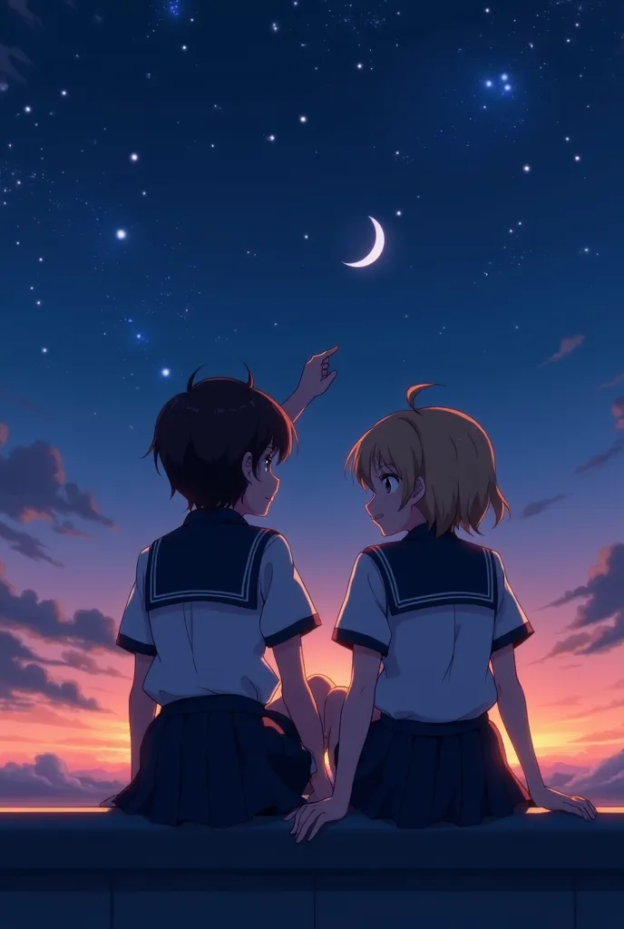 Anime style, rooftop scene at sunset, Emma and Léo sitting side by side, looking at the starry sky. Emma has a soft, reflective expression, while Léo points at the stars with a calm demeanor. The sky is painted in deep blues and purples, with glowing stars...