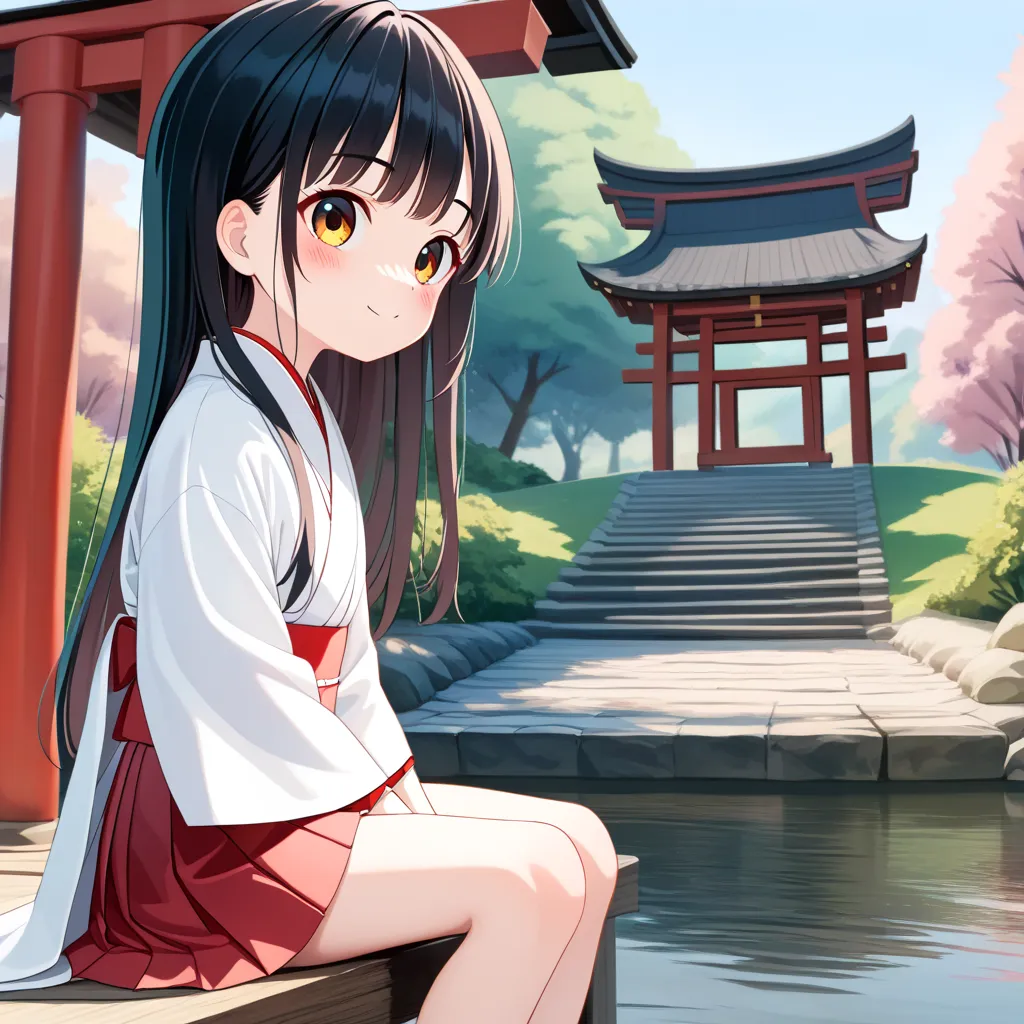 {best quality}, {very aesthetic}, {ultra-detailed}, {best illustration}, {masterpiece}, {detailed beautiful eyes}, {extremely detailed}, cute female ,, (wearing Japanese white clothes:1.6), BREAK (red short skirt:1.3), look up, , , blush:1.3), in shrine, o...