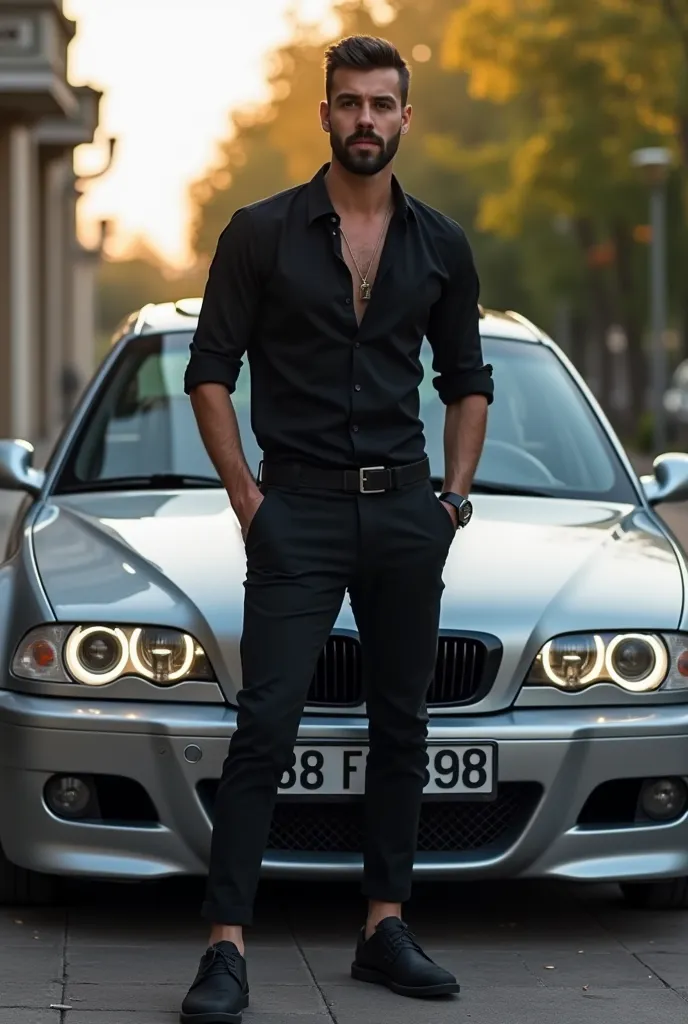 One bearded guy with short hair, dressed in a black casual dress, is standing next to his silver BMW e46 m3 with Armenian numbers 88FT898, a little lively. 