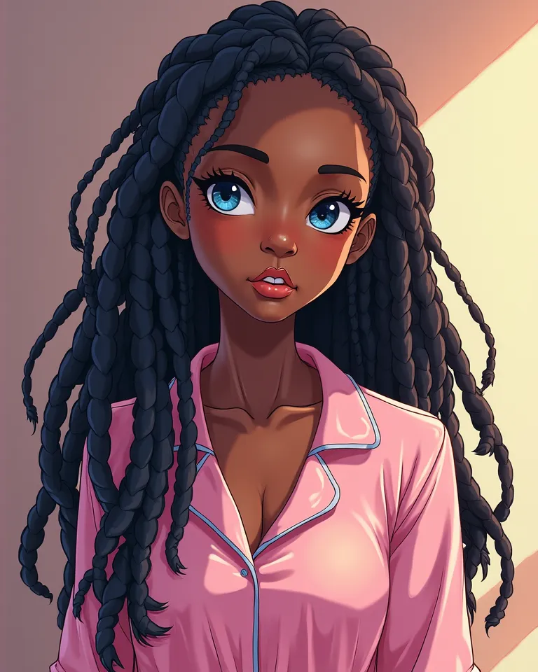 An anime-style drawing of an African woman wearing dreadlocks and pajamas in a pink dress.  blue eyes and black hair