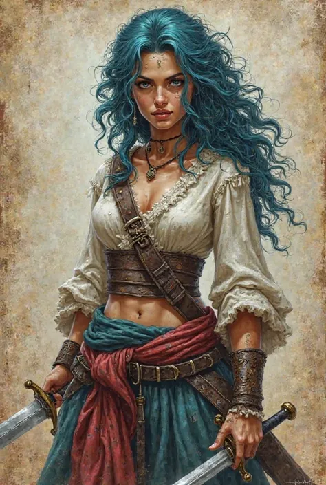 female pirate character with curly hair, Long and blue , Locked. She has a scar on her cheek and uses two swords. Faça em sketch on canvas