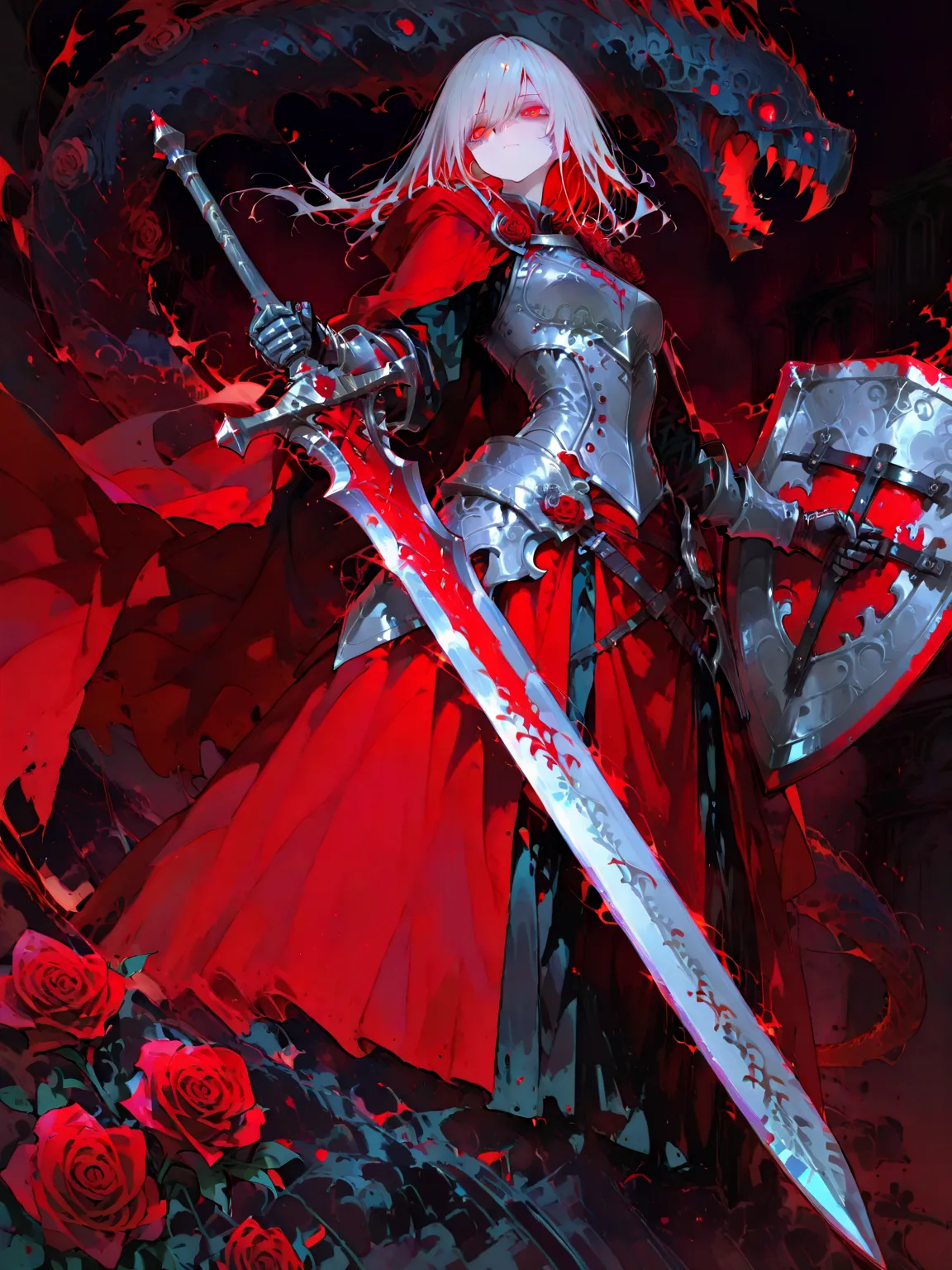 1girl ,solo ,UHD, masterpiece, super detail, high details, highres, 8k ,break Rose Knight, Red Rose, Flying Rose, Armor, Mant ,large sword ,dynamic pose , (Eyes that glow red) ,dark background , Eyes that glow red ,shield ,garde ,monster ,rose monster ,vie...