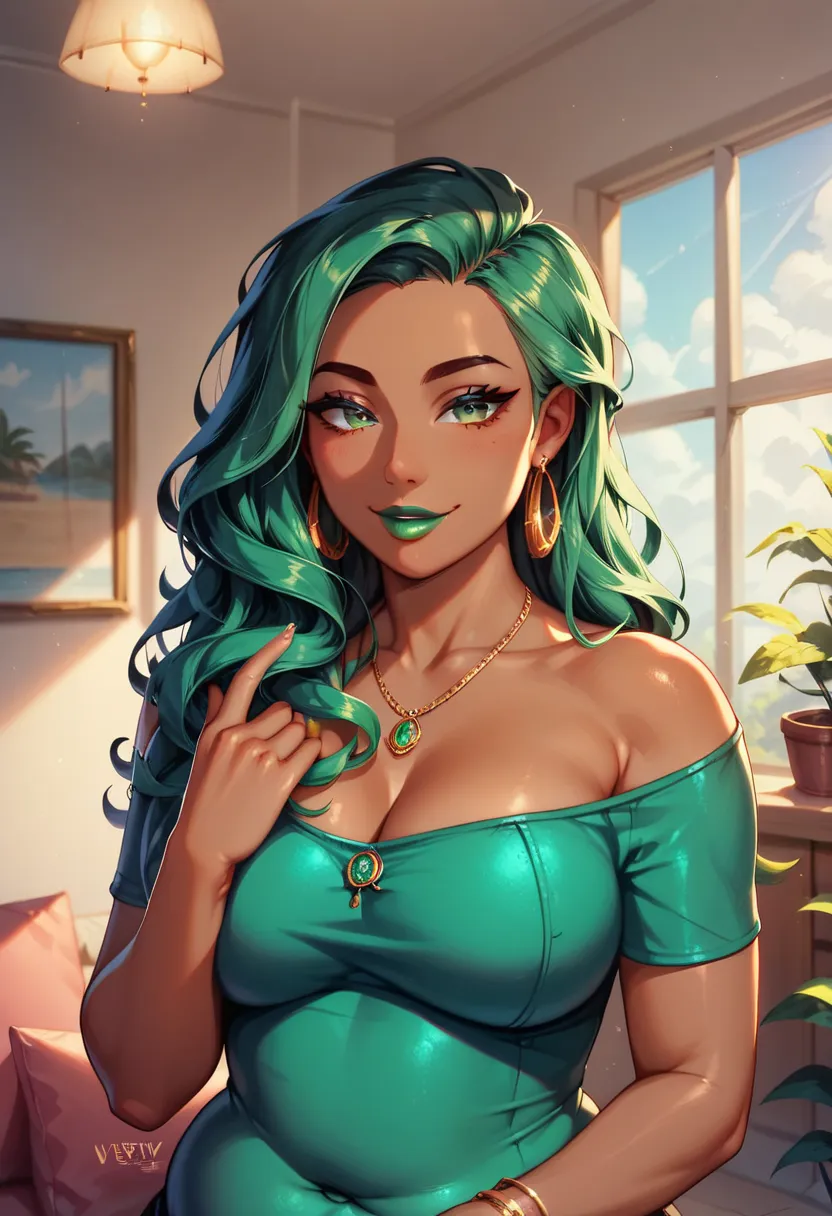 beautiful woman, ((african skin)), no rosto: 1.1, olhos perfeitos, green hair, long hair, green eyes, ((room)), green lipstick, chubby, masterpiece, high resolution, expressive eyes, portrait, casual, foto acima, nsfw, lewd, sexy