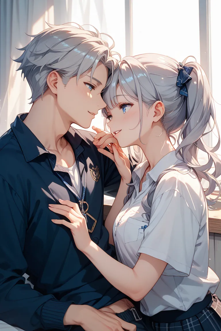  couple of men and women 、 middle school student、cute、 Silver Hair、illustration style