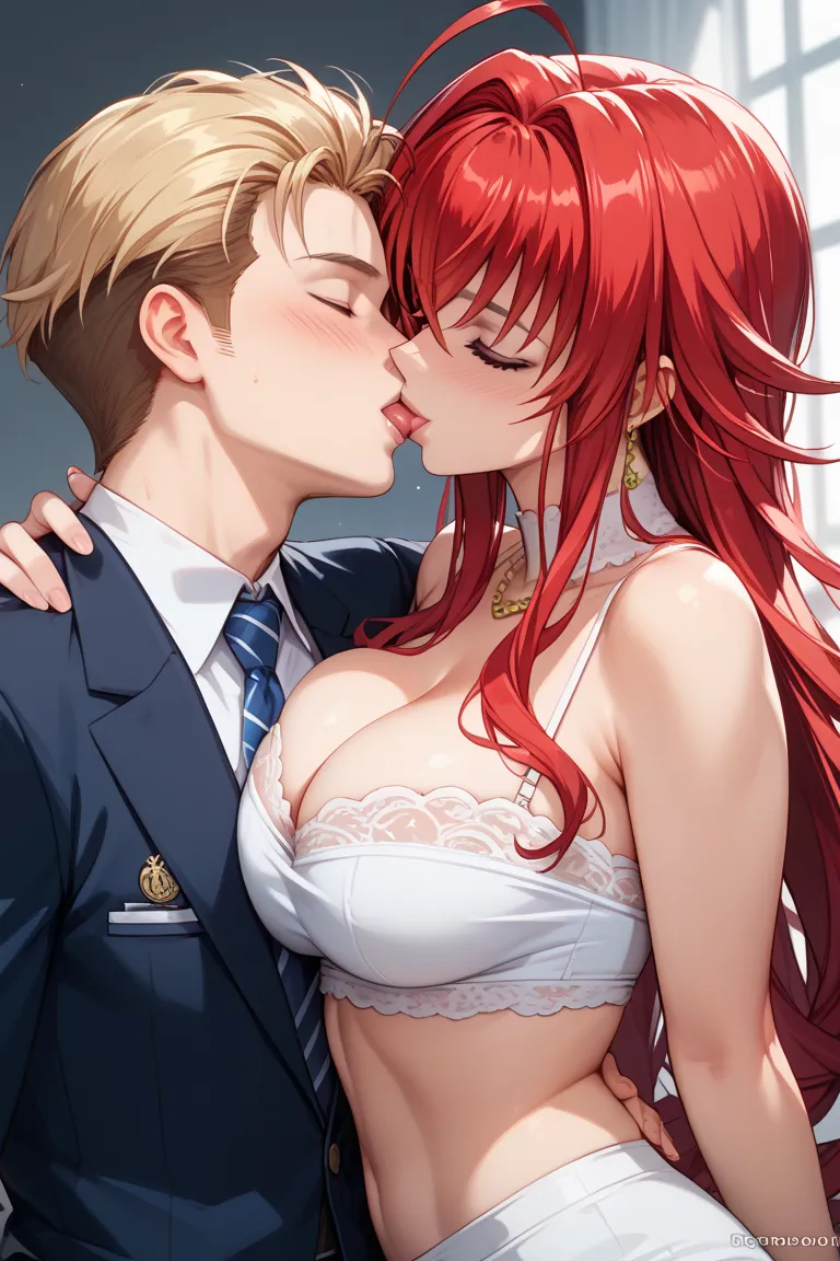 Rias Gremory ( high school dxd), athletic body, beautiful breasts,blushed face,dressed in the clothes of a stay-at-home mom,married,feeling lonely,For lack of sex,likes to masturbate,Pouse sexy next to her husband, kissing,  ultra detailed image , anime im...