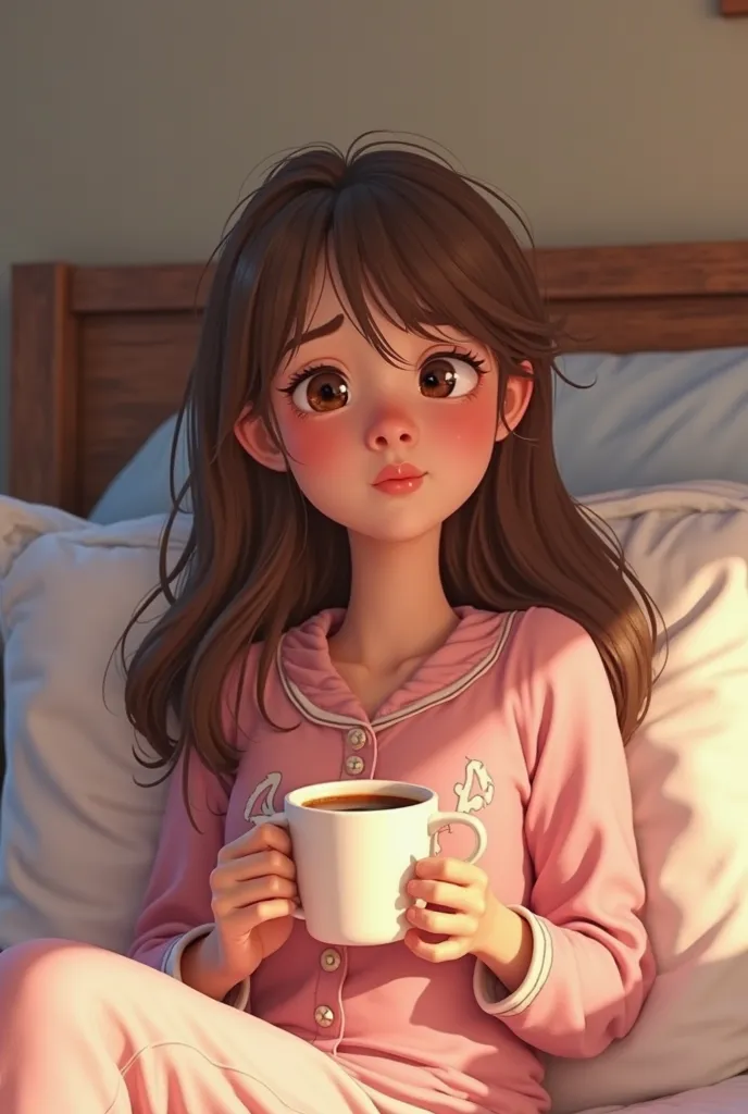 Pixar Illustration of a young woman with a delicate face, soft skin and pink cheeks. His hazel eyes reflect tiredness, they are closed. Her long brown hair with a light disheveled bangs. Wear a Disney pajamas. She's just got up on her bed with a disgusted ...