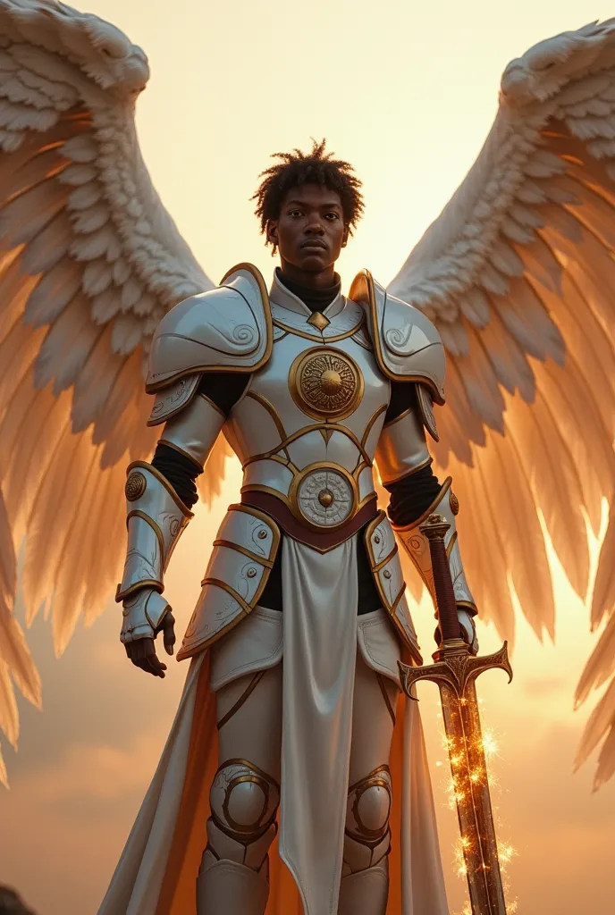 A very beautiful black boy with his 4 huge wings,2 wings up , And 2 wings down big wings and long feathers,  Large wings full of feathers with the colors of your fierce armor in all-white armor  ,short hair wearing a large golden circle symbol on her chest...