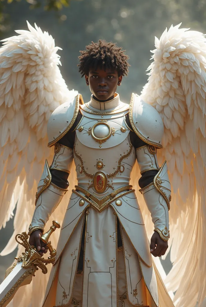 A very beautiful black boy with his 4 huge wings,2 wings up , And 2 wings down big wings and long feathers,  Large wings full of feathers with the colors of your fierce armor in all-white armor  ,short hair wearing a large golden circle symbol on her chest...