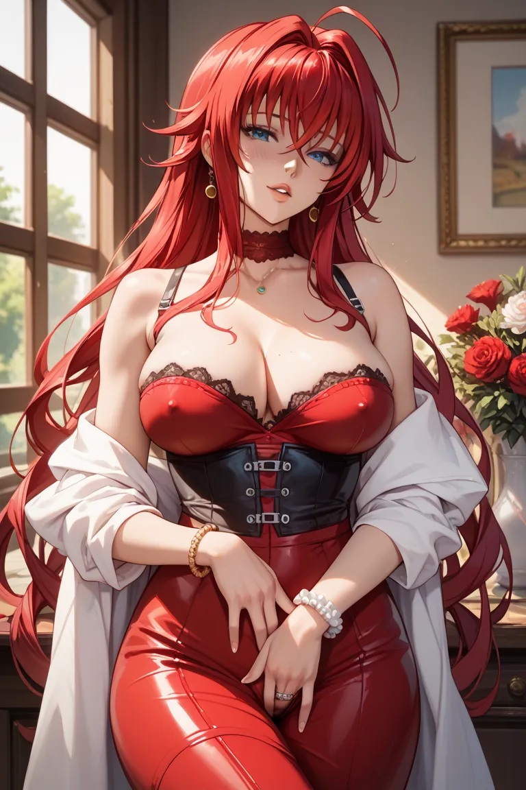 Rias Gremory ( high school dxd), athletic body, beautiful breasts,blushed face,dressed in the clothes of a stay-at-home mom,married,feeling lonely,For lack of sex,likes to masturbate,masturbating, Ultra-detailed image with your hands, anime image 